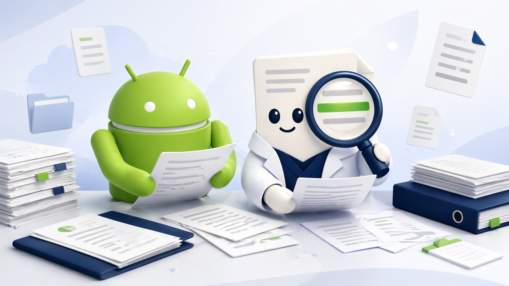 DocCite paper character and Android mascot reviewing documents together, with a magnifying glass highlighting a passage.