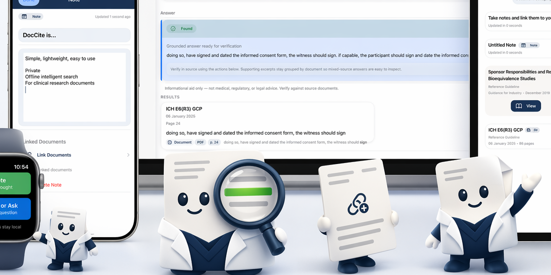 DocCite mascots alongside Apple Watch, iPhone, Mac, and iPad, showing notes, search, and library views