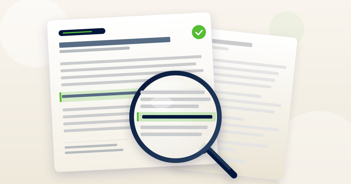 Two clinical research documents with a highlighted passage marked in green and a magnifying glass focused on a cited line.