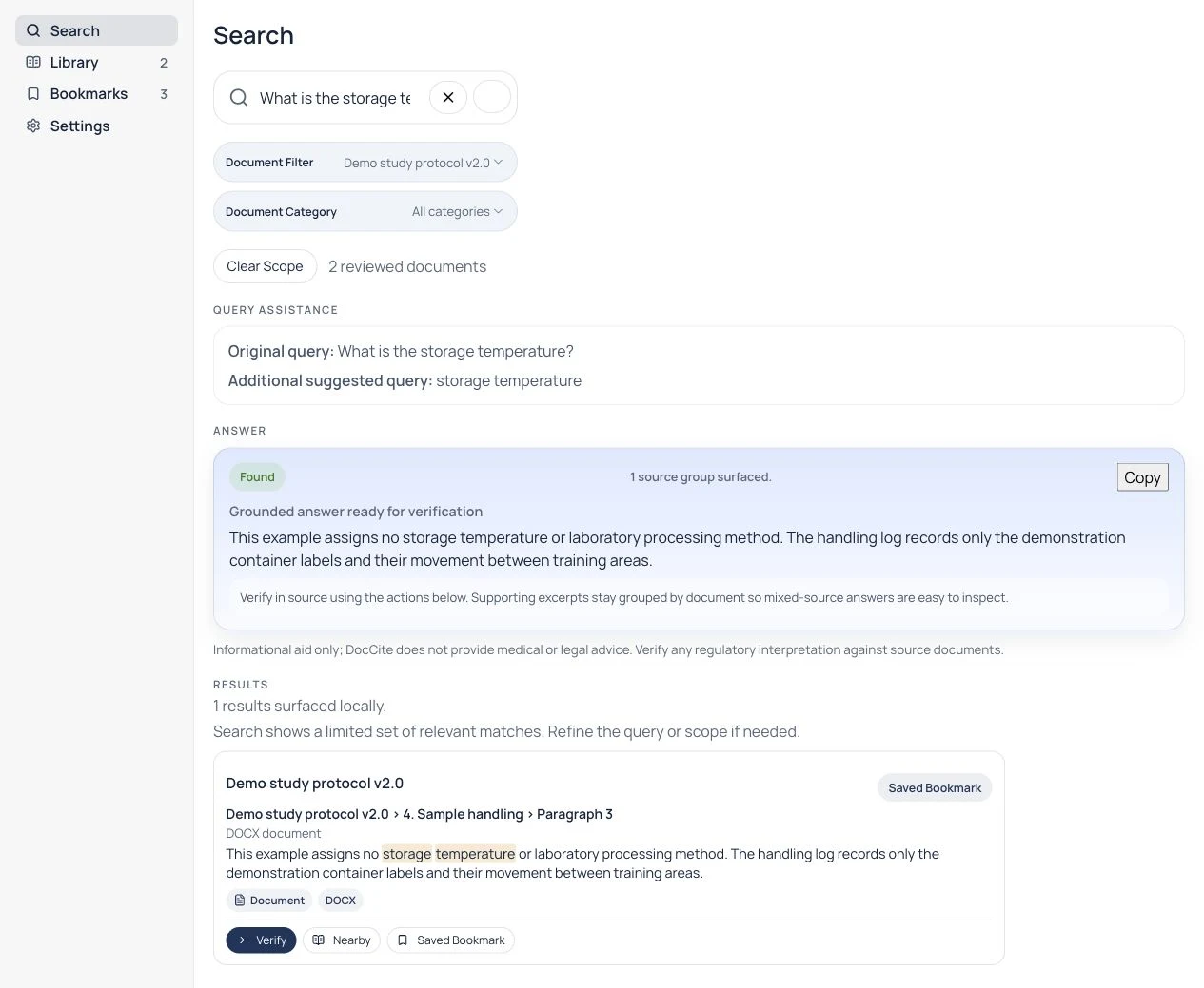 DocCite Web answering What is the storage temperature with a cited passage stating that the fictional protocol assigns none