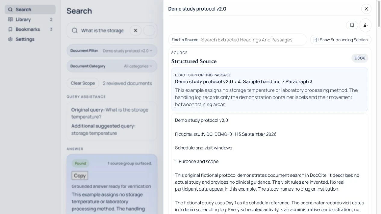 DocCite Web structured source showing the exact supporting passage from paragraph 3 of Sample handling in the fictional protocol