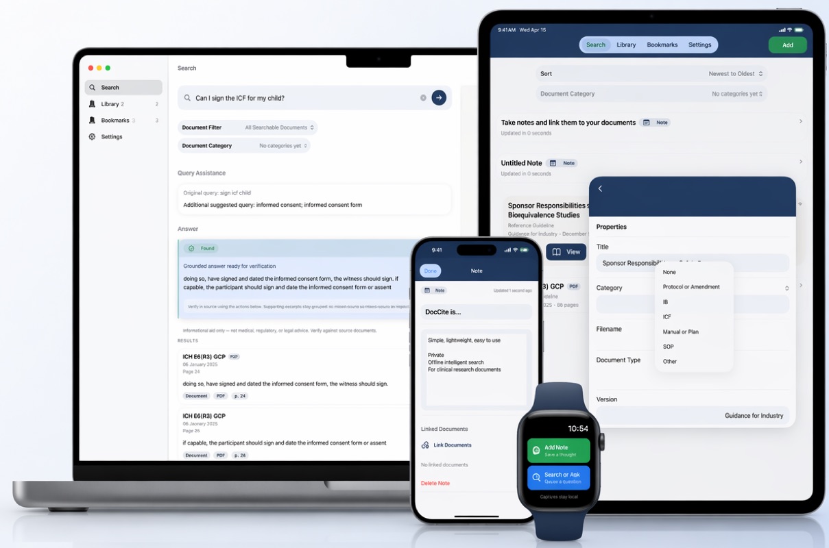 DocCite running across Mac, iPad, iPhone, and Apple Watch, showing search, notes, and document properties
