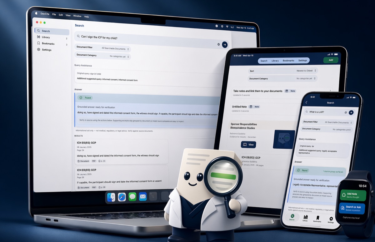 DocCite app on Mac, iPad, iPhone, and Apple Watch, showing search results with cited passages from clinical study documents
