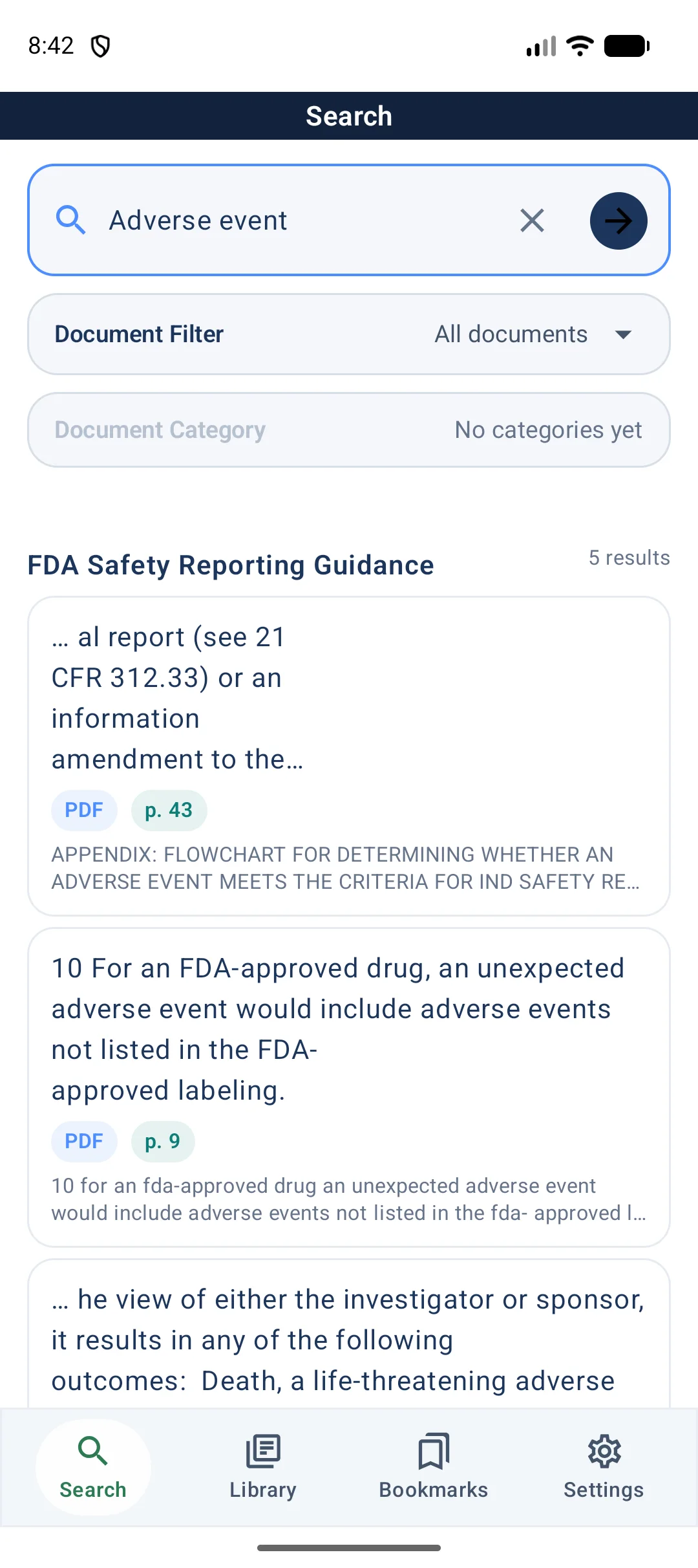 DocCite on Android showing cited search results from the FDA safety reporting guidance
