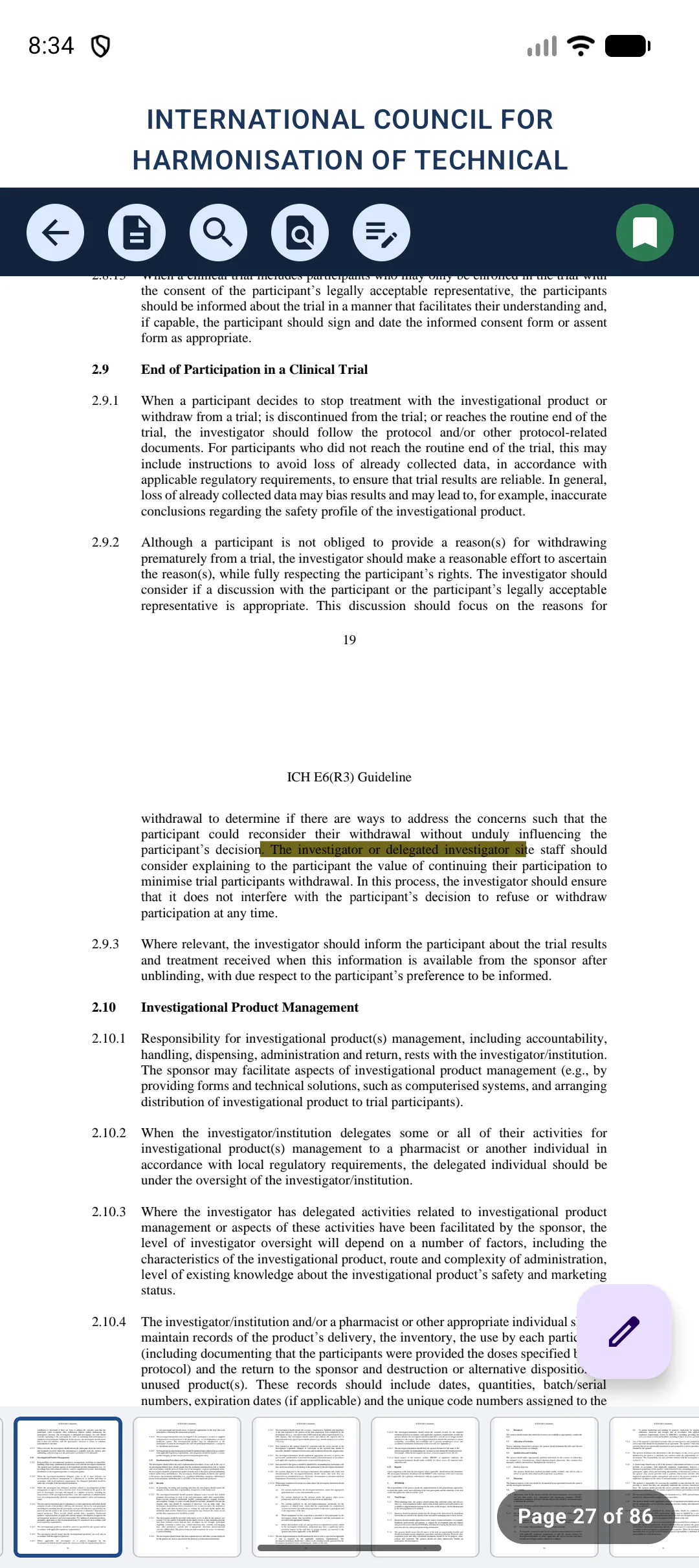 DocCite on Android showing a highlighted source passage in the ICH E6(R3) guideline
