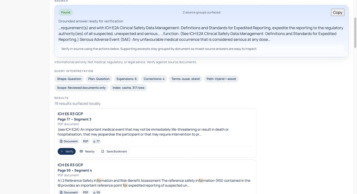 DocCite for Windows showing a grounded answer and cited ICH E6(R3) search results
