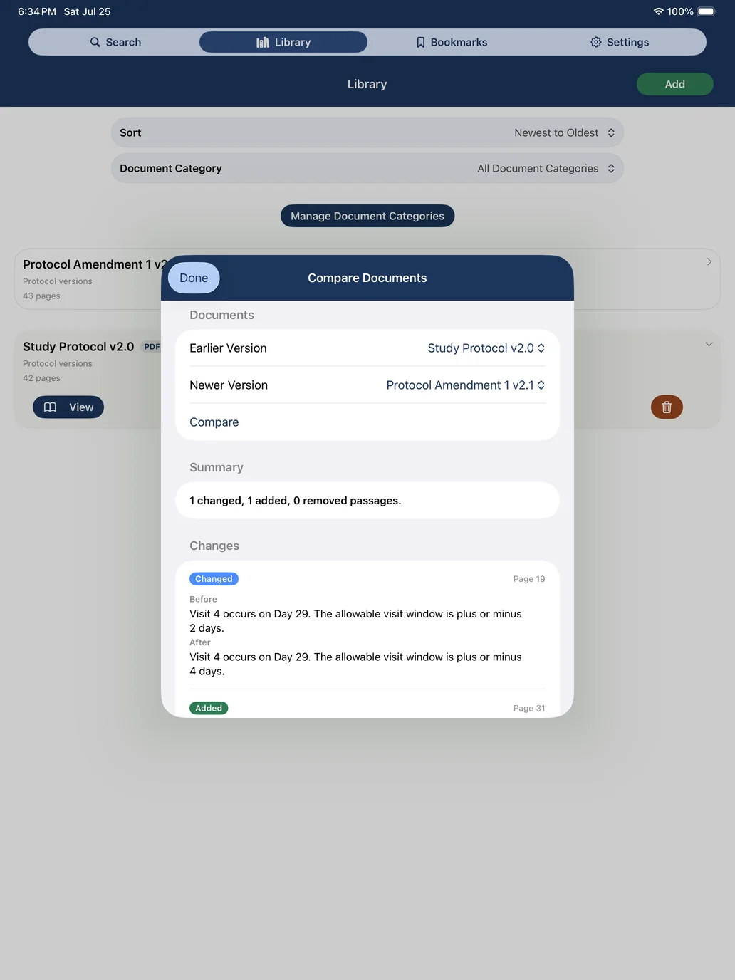 DocCite Compare Documents screen showing a visit window changed from 2 days to 4 days between a study protocol and protocol amendment