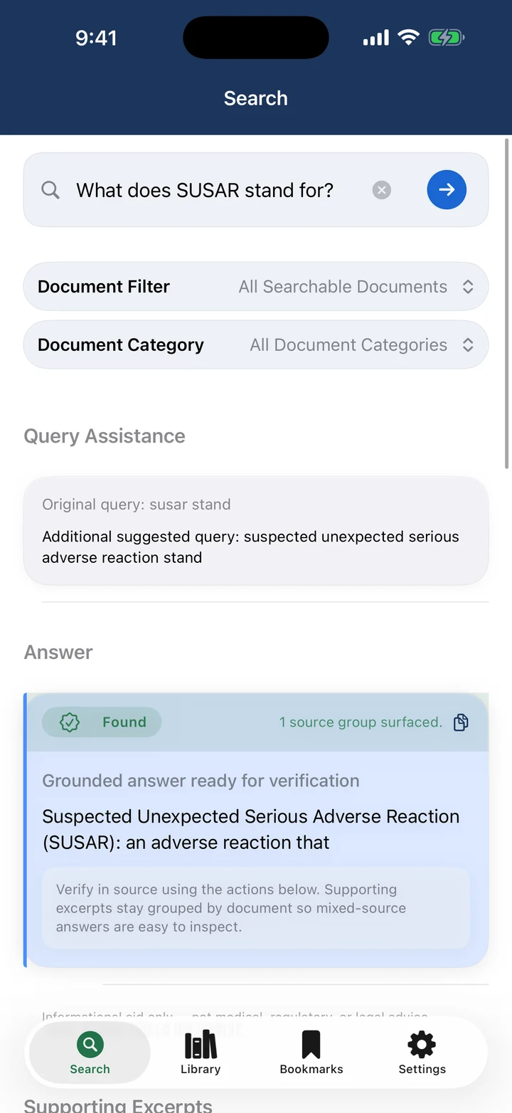 DocCite search result for What does SUSAR stand for with a cited answer from ICH E6(R3)