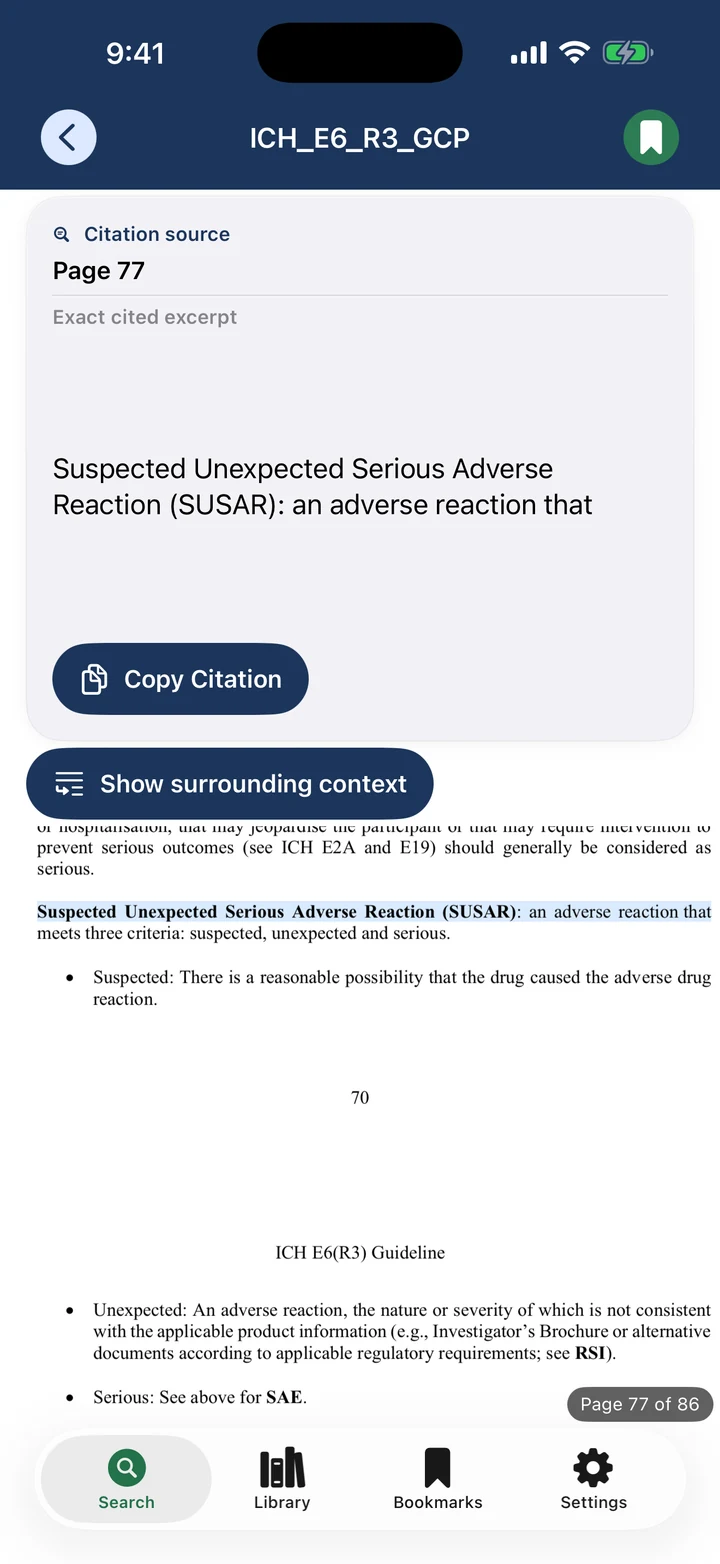 DocCite source viewer showing the highlighted SUSAR definition on page 77 of ICH E6(R3)